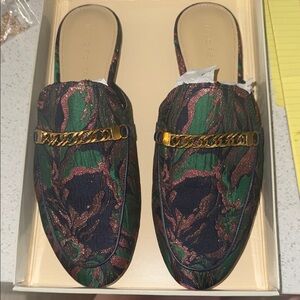 Marc Fisher Colorful Patterned Mules with Gold Chain
